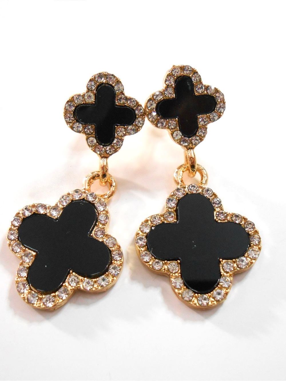 Gold-Tone Black Clover Drop Earrings with Rhinestones